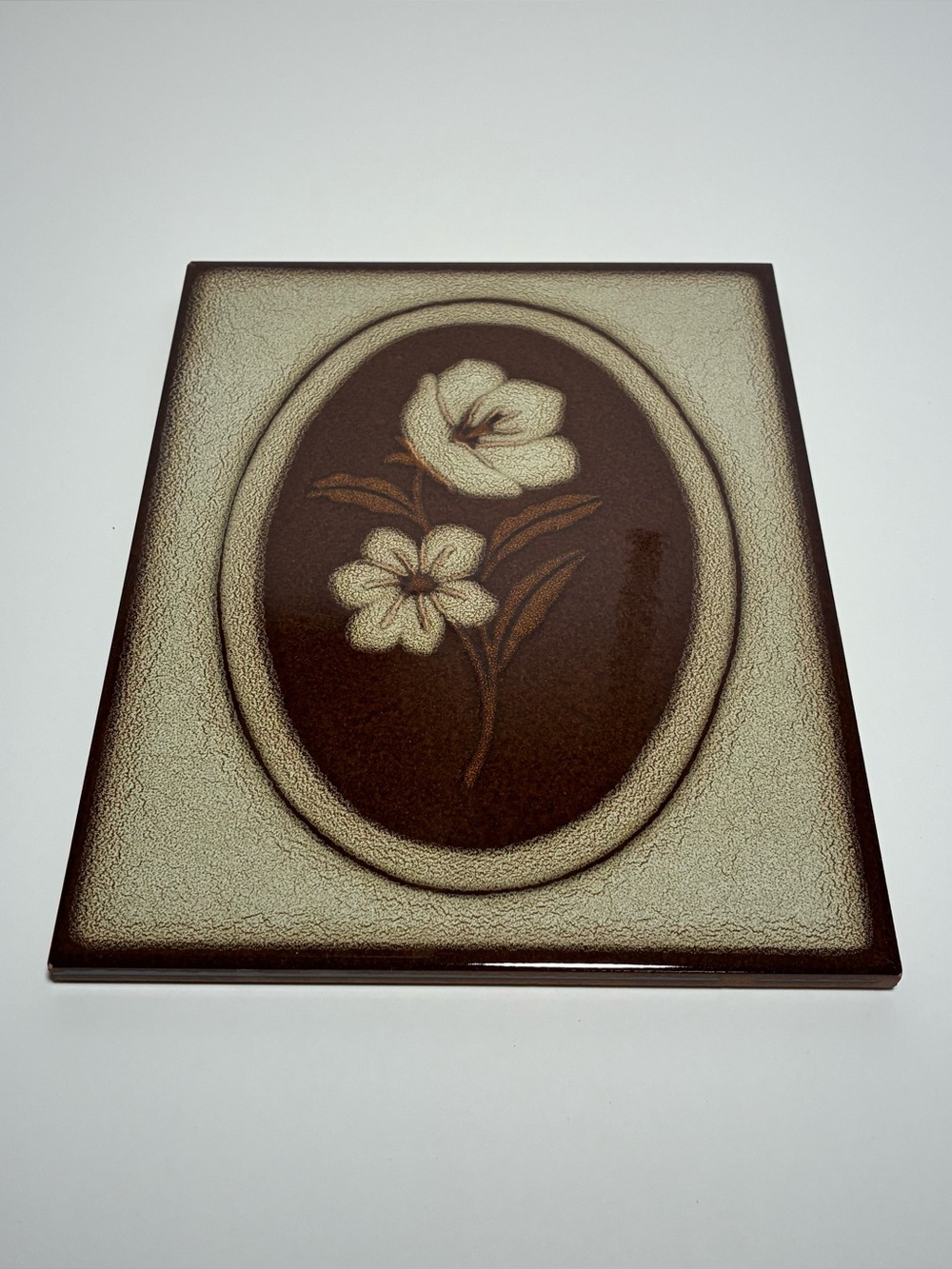 Handmade Handcrafted Brown Cream Floral Terracotta Rectangle Tile Made in Italy